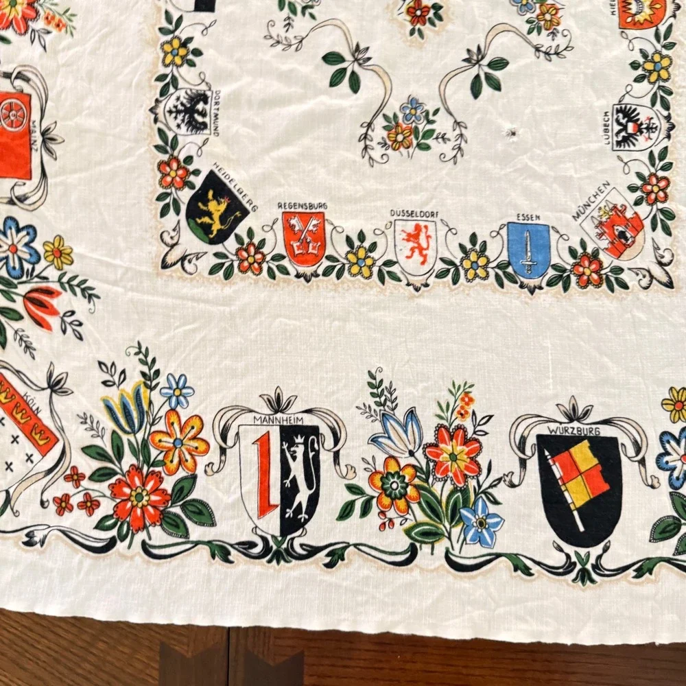 Vintage German Cities Souvenir Tablecloth Floral Crests Coats of Arms White